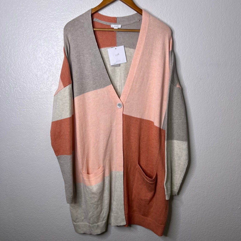 J. Jill Pure Jill Colorblock One Button Longline Cardigan Sweater XL Pink NWT - Picture 2 of 8